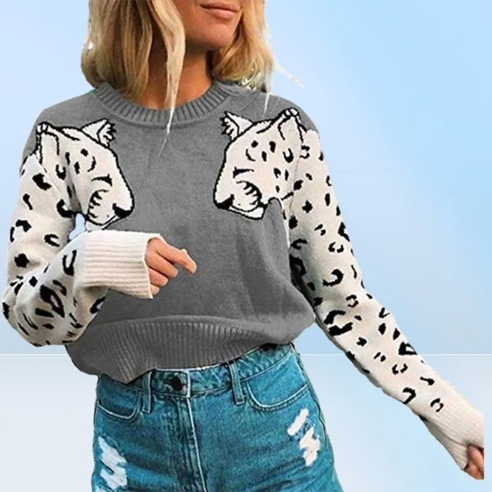 Snow Leopards Crew Neck Pullover‎ Knit Sweater Angashion Womens Gray Size Large